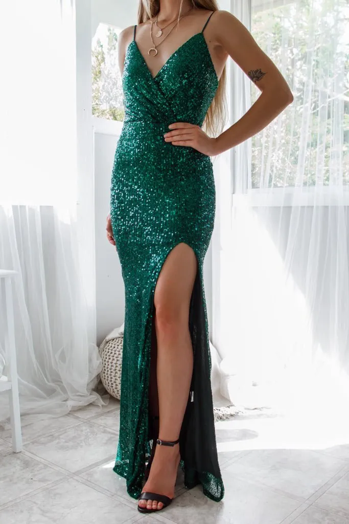 Seva full sequin ball dress with split in emerald Express NZ wide