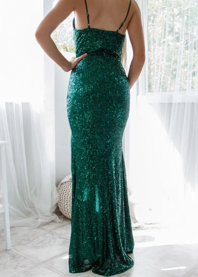 Seva full sequin ball dress with split in emerald Express NZ wide