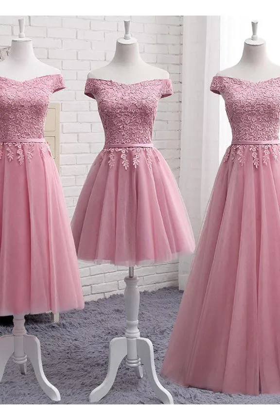 Sexy A Line Off-the-shoulder Sleeveless Tulle Long Bridesmaid Dresses with Appliques OHS120