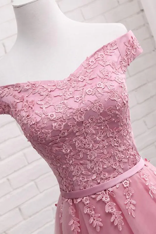 Sexy A Line Off-the-shoulder Sleeveless Tulle Long Bridesmaid Dresses with Appliques OHS120