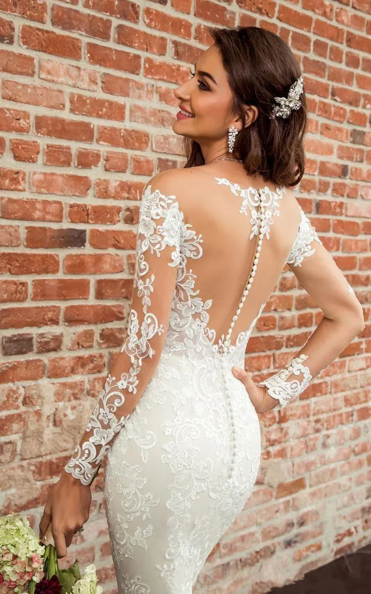 Sexy Bateau Mermaid Floor-length Court Train 3/4 Length Sleeve Wedding Dress With Appliques-716019