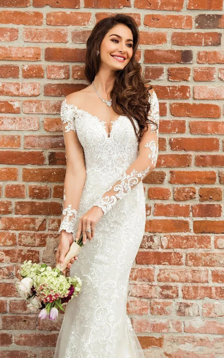 Sexy Bateau Mermaid Floor-length Court Train 3/4 Length Sleeve Wedding Dress With Appliques-716019
