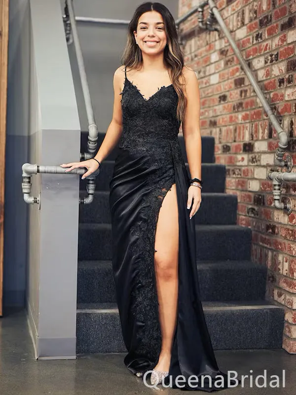 Sexy Black Spaghetti Strap Side Slit V-Neck Mermaid Long Prom Dresses,WGP424