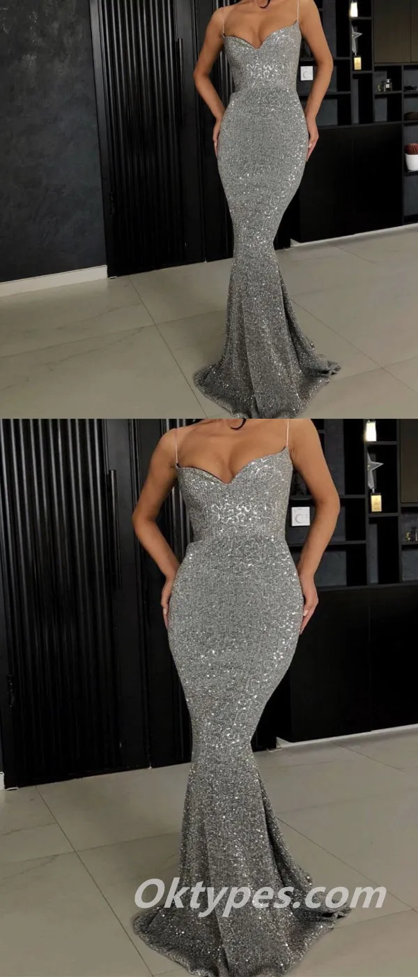 Sexy Sequin Spaghetti Straps V-Neck Mermaid Floor Length Prom Dresses,PDS0350