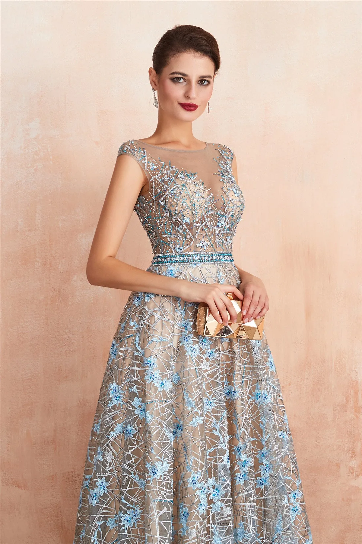 Sexy Sheer Floral Long Prom Dress with Crystals