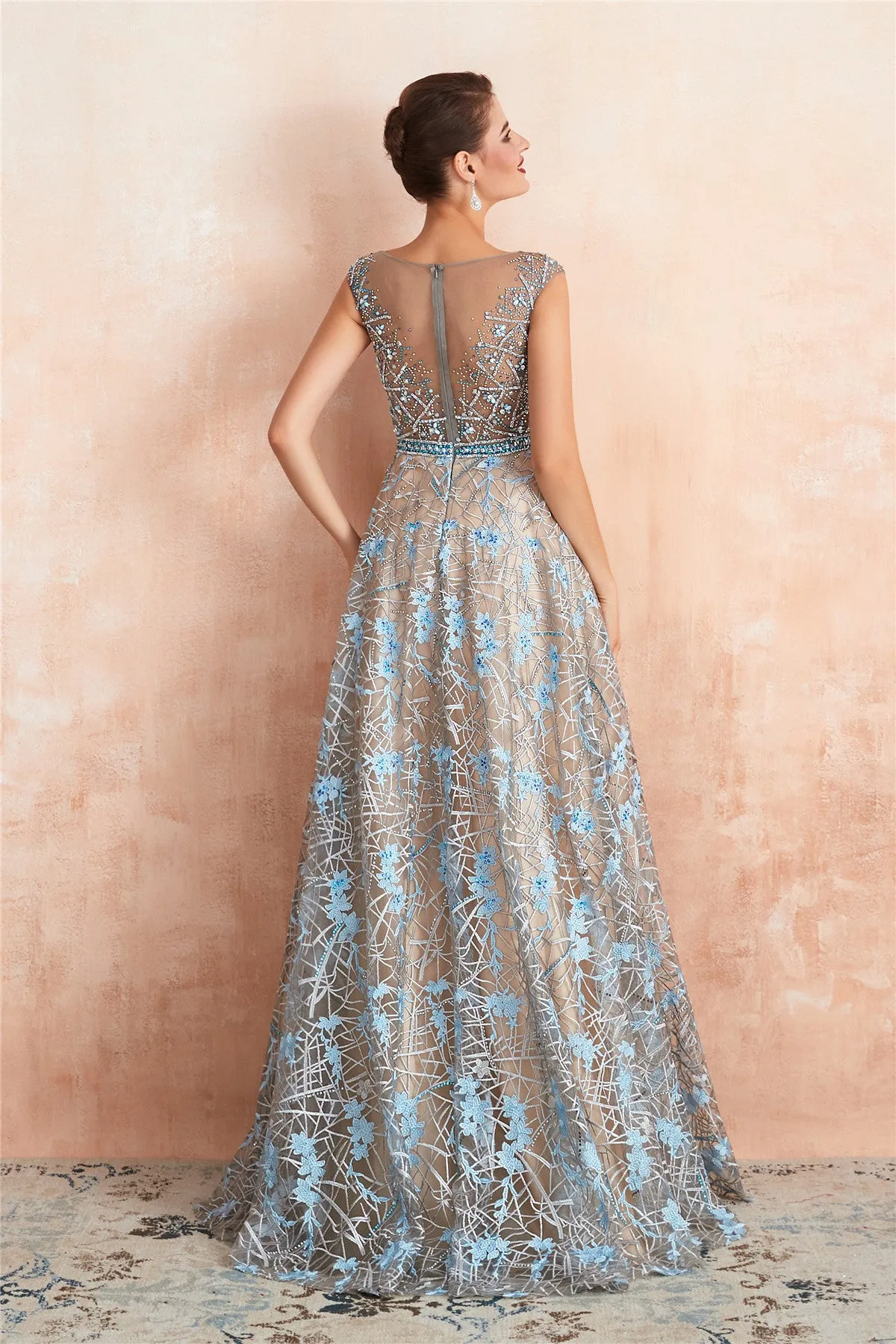 Sexy Sheer Floral Long Prom Dress with Crystals