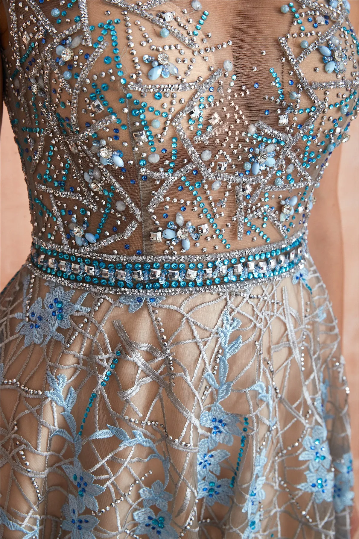 Sexy Sheer Floral Long Prom Dress with Crystals