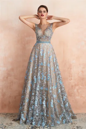 Sexy Sheer Floral Long Prom Dress with Crystals