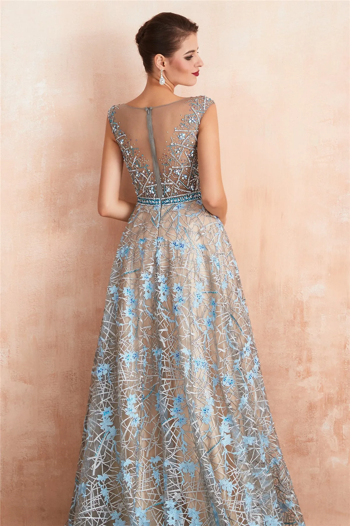 Sexy Sheer Floral Long Prom Dress with Crystals