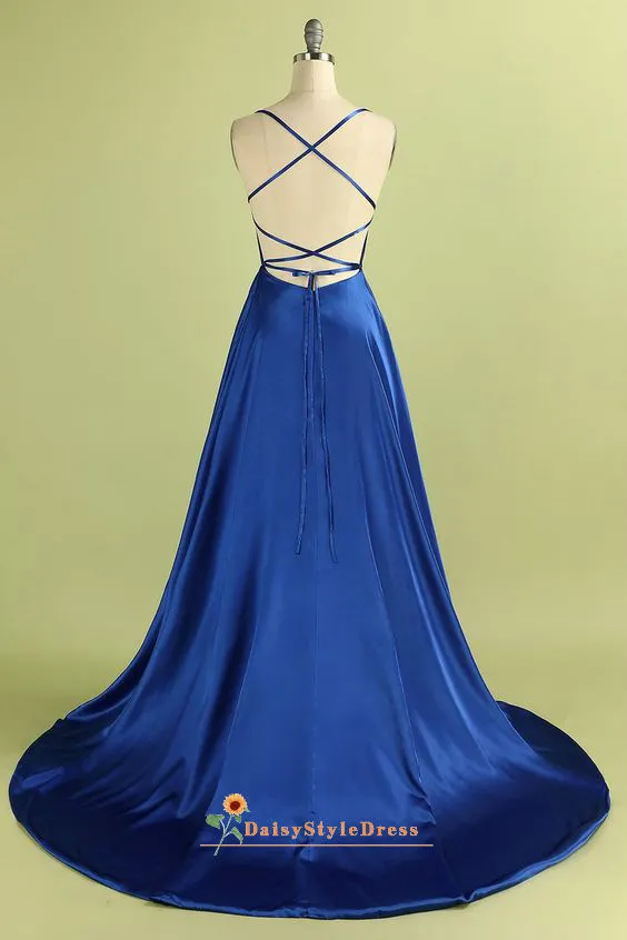 Sexy Slit Square Neckline Royal Blue Prom Dress