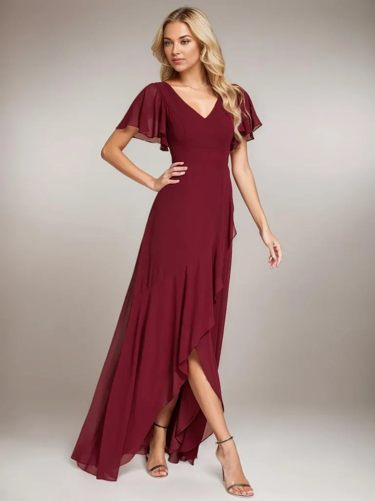 Sharana burgundy sleeved hi low bridesmaid dress Express NZ wide