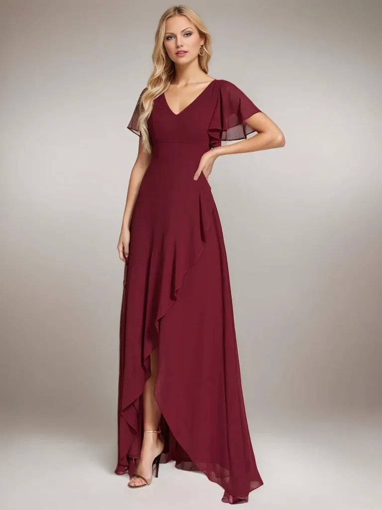 Sharana burgundy sleeved hi low bridesmaid dress Express NZ wide