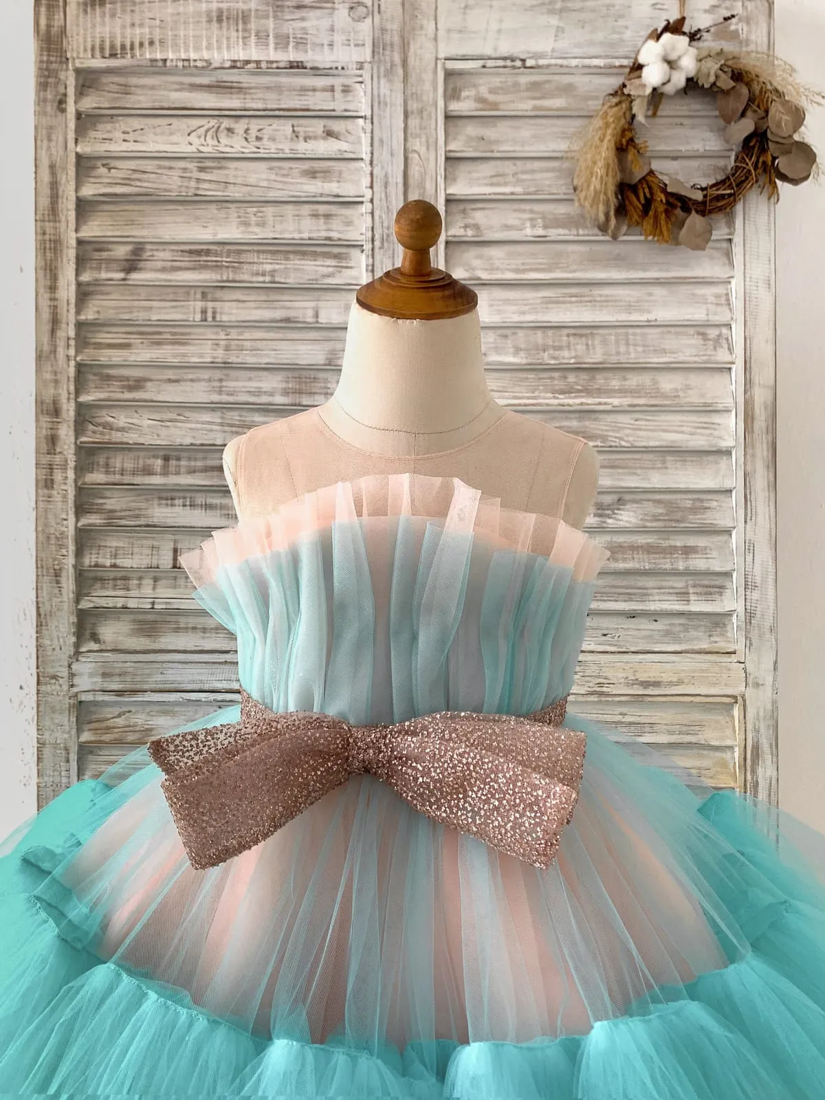 Sheer Neck Pink Teal Tulle Ruffles Wedding Flower Girl Dress Kids Occasion Dress
