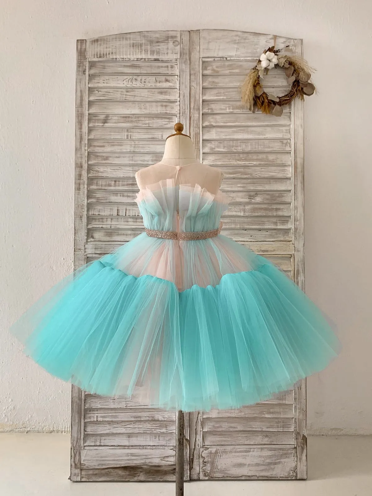 Sheer Neck Pink Teal Tulle Ruffles Wedding Flower Girl Dress Kids Occasion Dress