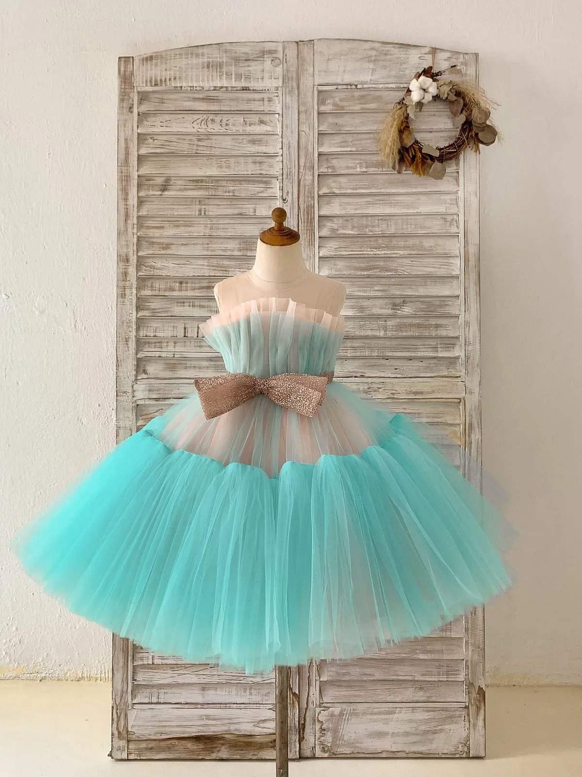 Sheer Neck Pink Teal Tulle Ruffles Wedding Flower Girl Dress Kids Occasion Dress