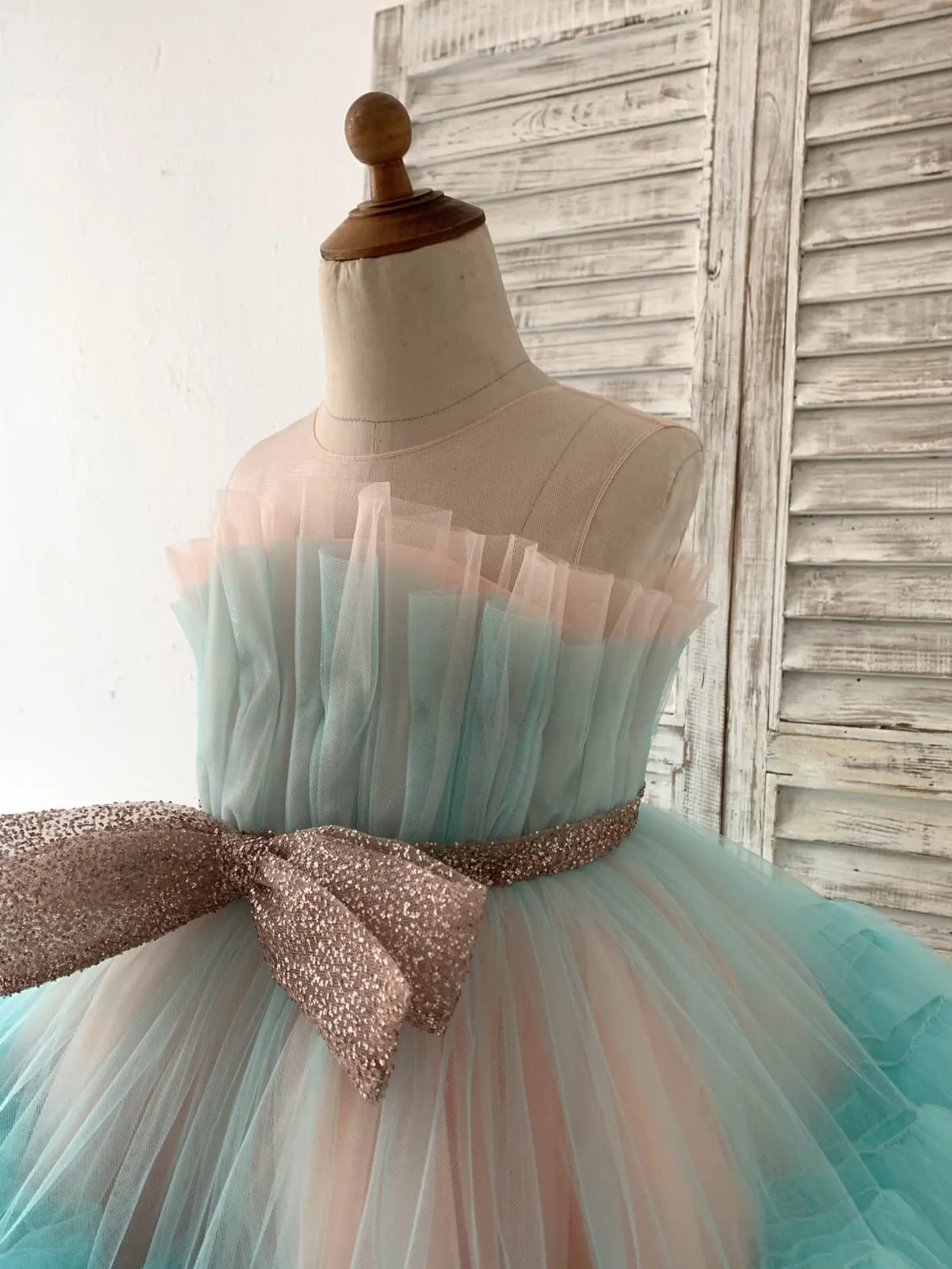 Sheer Neck Pink Teal Tulle Ruffles Wedding Flower Girl Dress Kids Occasion Dress