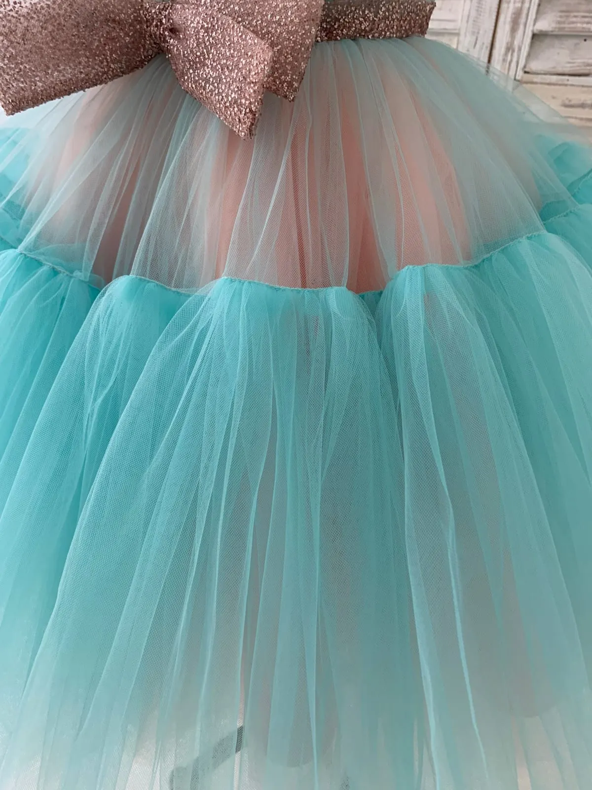 Sheer Neck Pink Teal Tulle Ruffles Wedding Flower Girl Dress Kids Occasion Dress