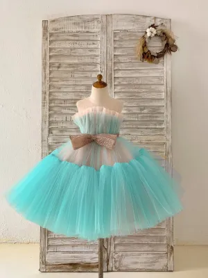 Sheer Neck Pink Teal Tulle Ruffles Wedding Flower Girl Dress Kids Occasion Dress