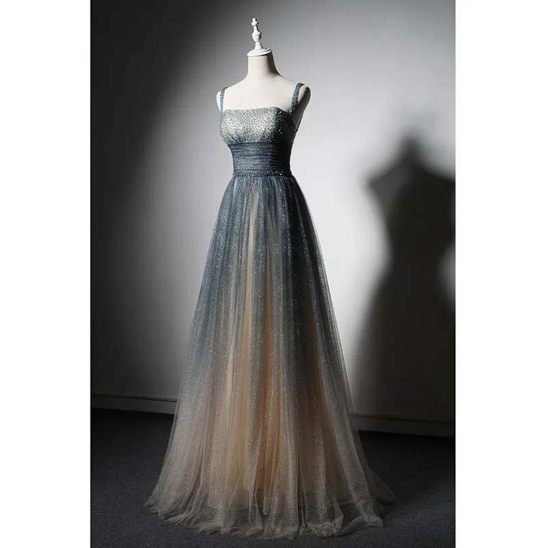Shiny Tulle Beaded Straps Floor Length Evening Dress Party Dress, A-line Long Formal Dress