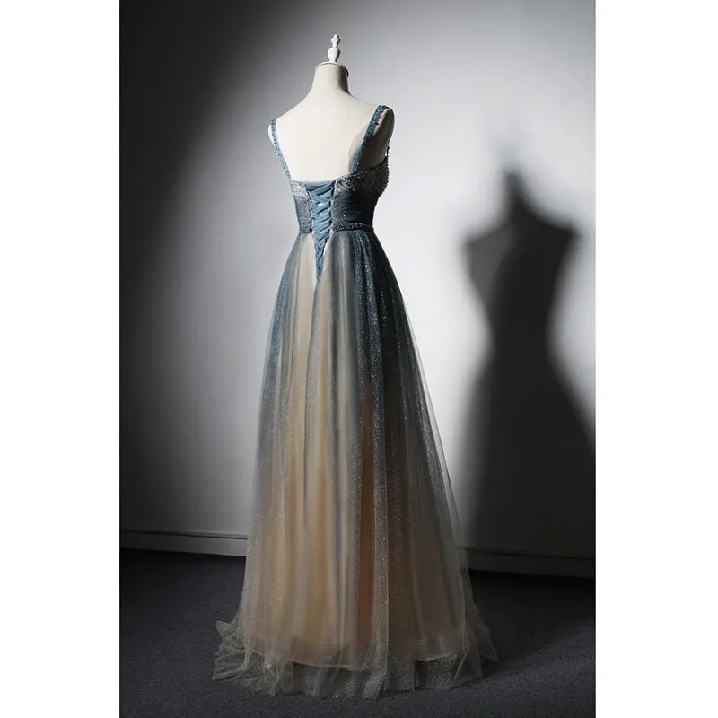 Shiny Tulle Beaded Straps Floor Length Evening Dress Party Dress, A-line Long Formal Dress