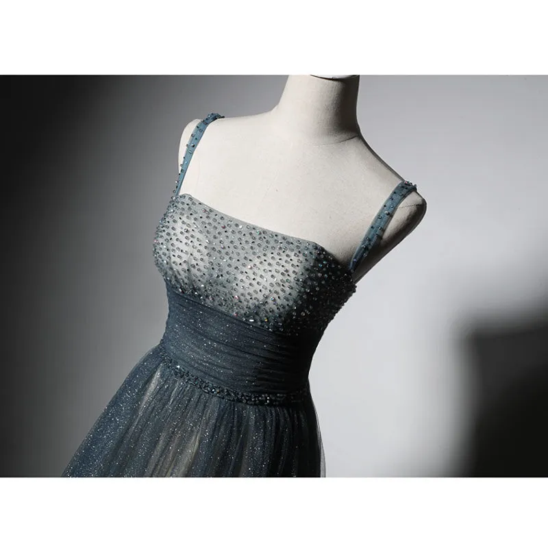 Shiny Tulle Beaded Straps Floor Length Evening Dress Party Dress, A-line Long Formal Dress