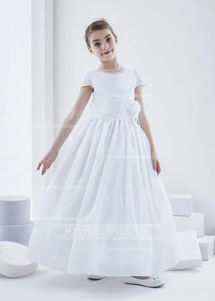 Short Sleeve Ball Gown Organza First Communion Dress with Big Bow