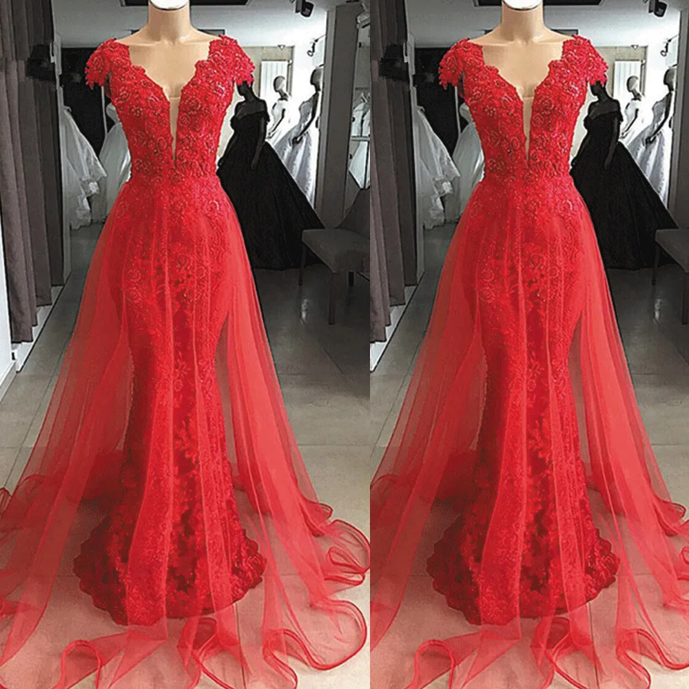 short sleeve red evening dresses long detachable skirt lace appliqué beaded elegant cheap evening gown