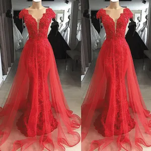 short sleeve red evening dresses long detachable skirt lace appliqué beaded elegant cheap evening gown