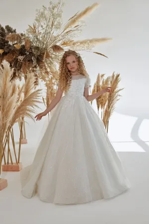 Short Sleeve White Sparkly Long Dress for Girls