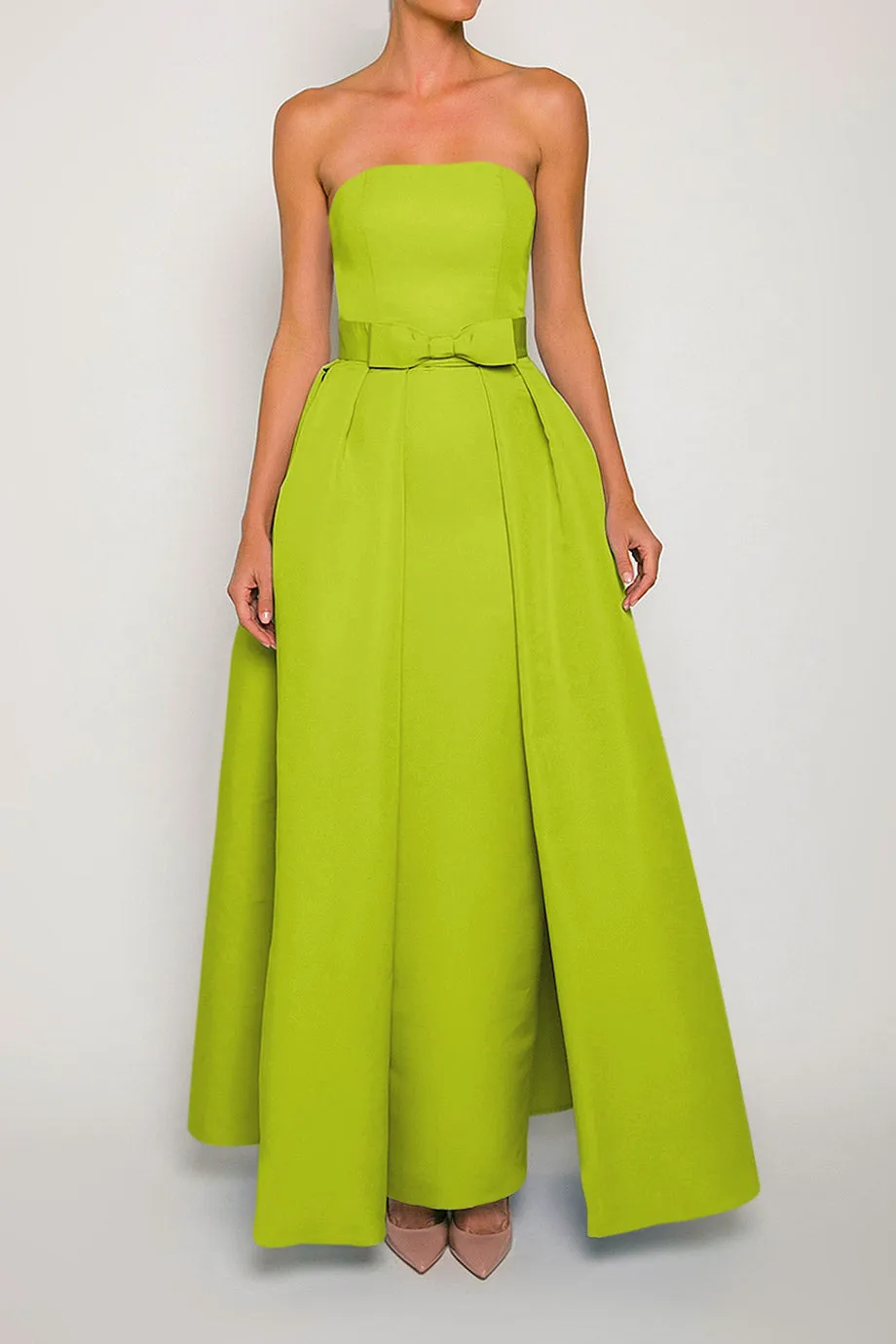 Silk Faille Strapless Column Gown with Bow Convertible Skirt