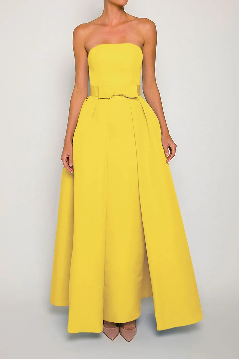 Silk Faille Strapless Column Gown with Bow Convertible Skirt