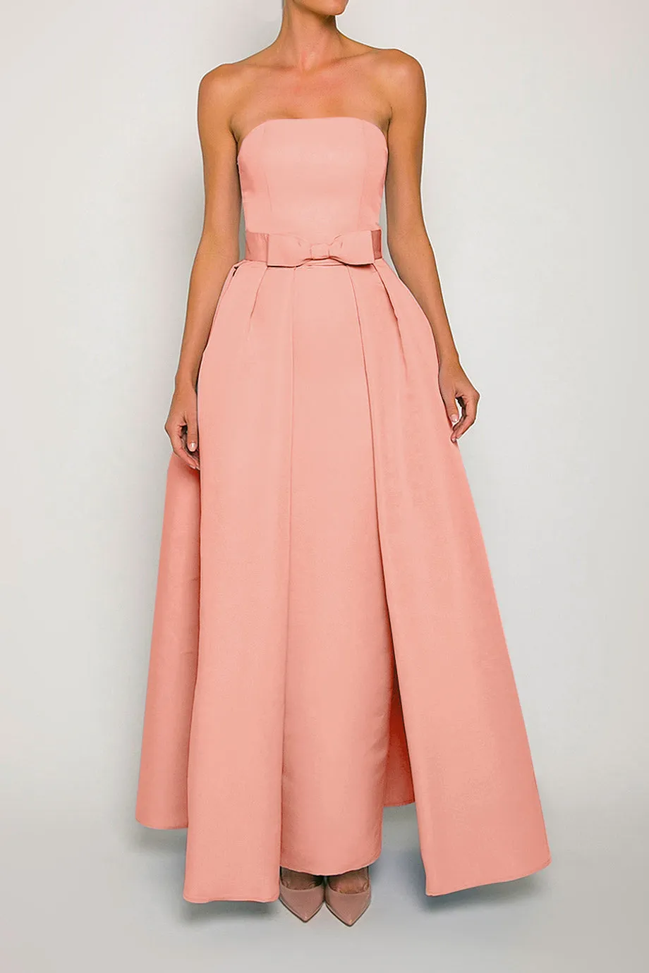 Silk Faille Strapless Column Gown with Bow Convertible Skirt