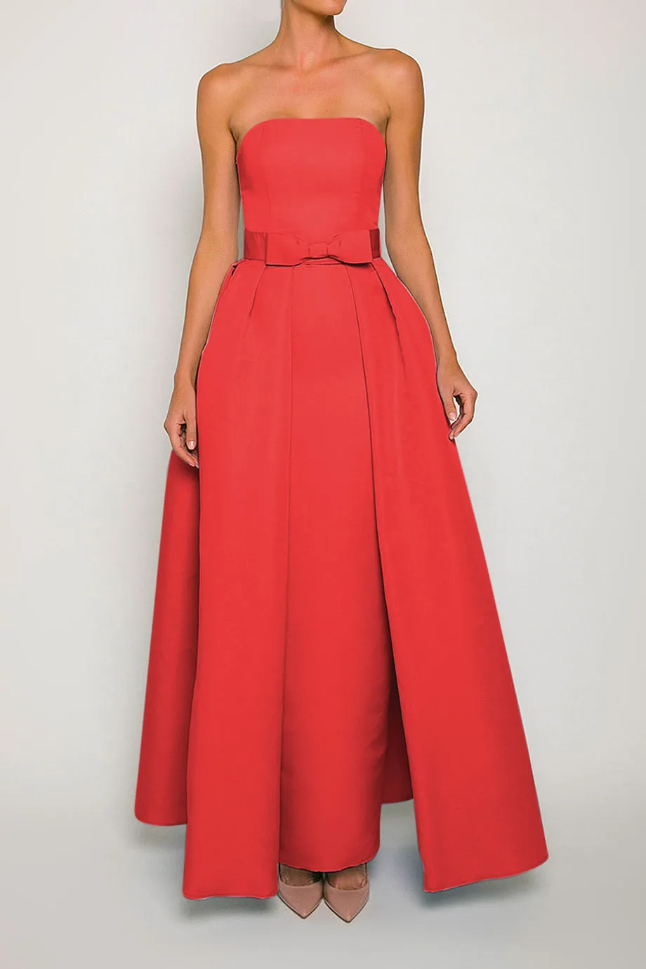 Silk Faille Strapless Column Gown with Bow Convertible Skirt