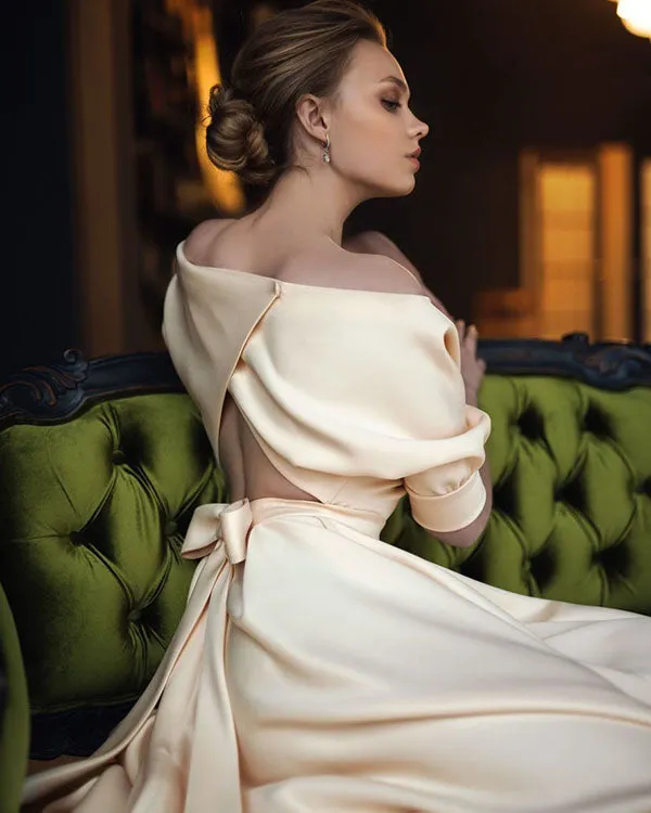 Simple 2018 Satin Wedding Dresses with Half Sleeve Open Back Wedding Gowns with Bow Tea Length