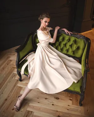 Simple 2018 Satin Wedding Dresses with Half Sleeve Open Back Wedding Gowns with Bow Tea Length