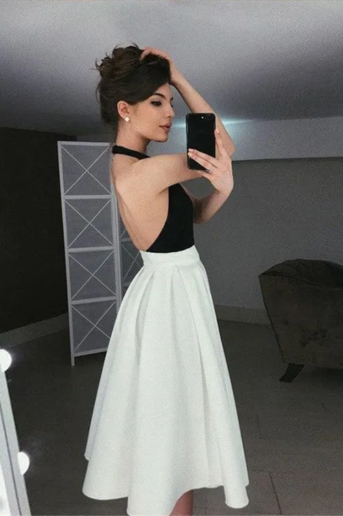 Simple A-Line Halter Backless Tea-Length Ivory and Black Homecoming Dress OKC45