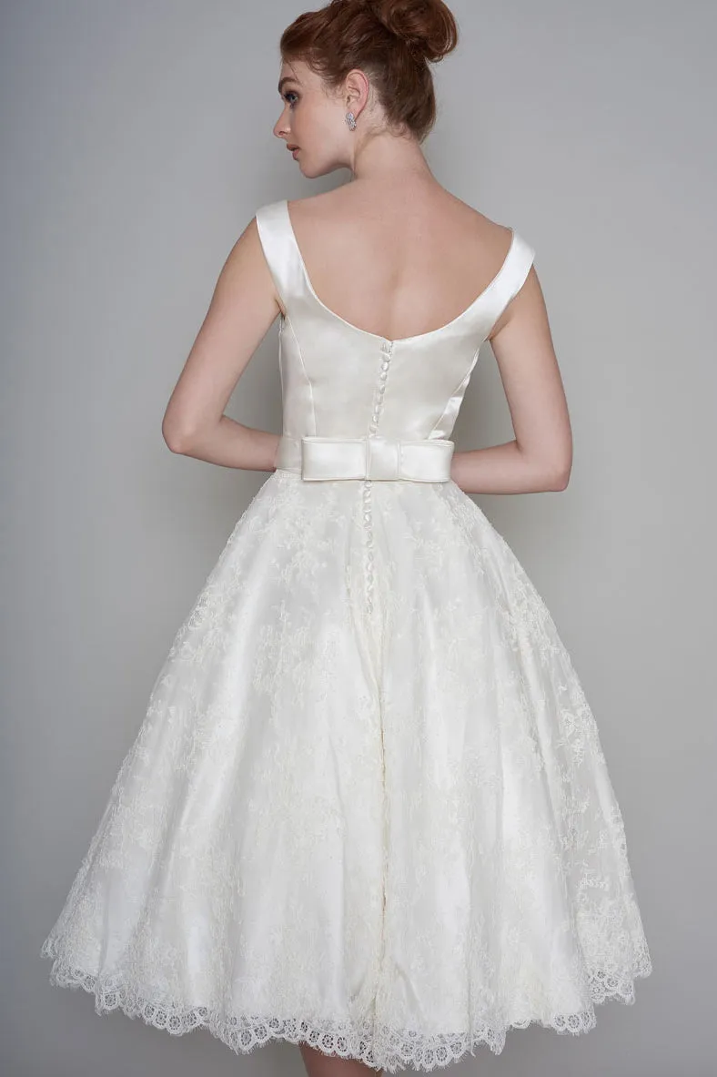 Simple Satin and Lace Cap-Sleeve Tea-length Bridal Gown with Bow-715758