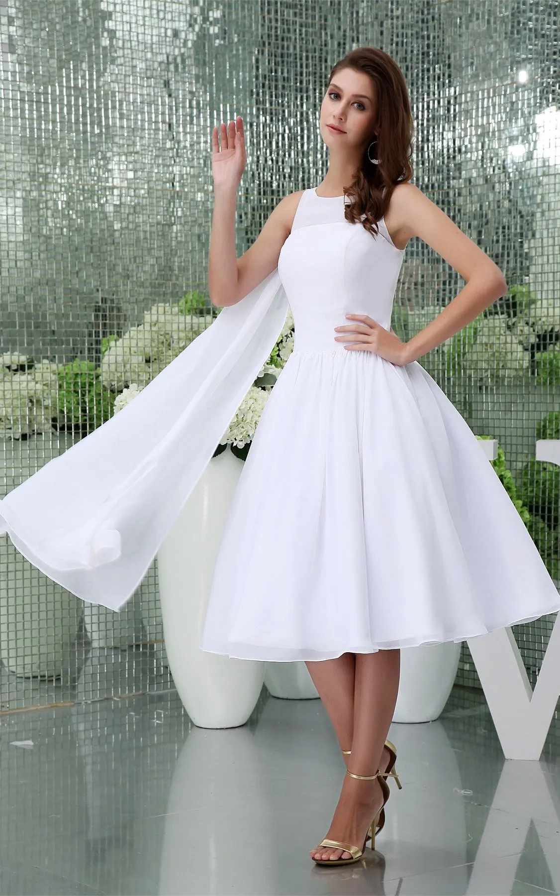 Sleeveless A-Line Tea-Length Chiffon Dress With Pleats-GC_706548