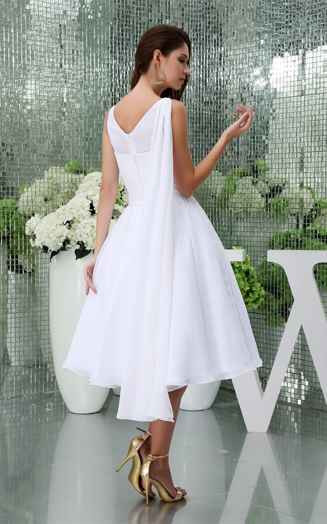 Sleeveless A-Line Tea-Length Chiffon Dress With Pleats-GC_706548