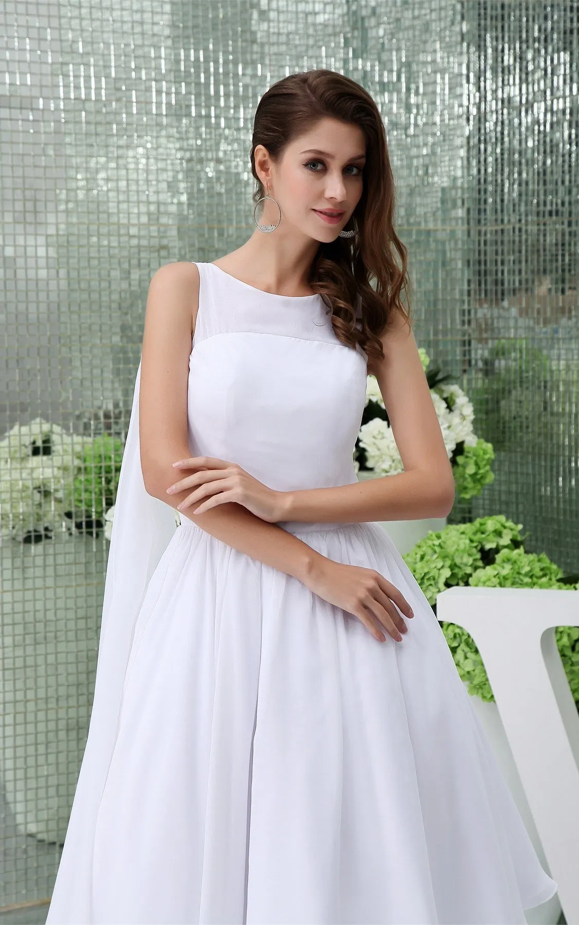 Sleeveless A-Line Tea-Length Chiffon Dress With Pleats-GC_706548