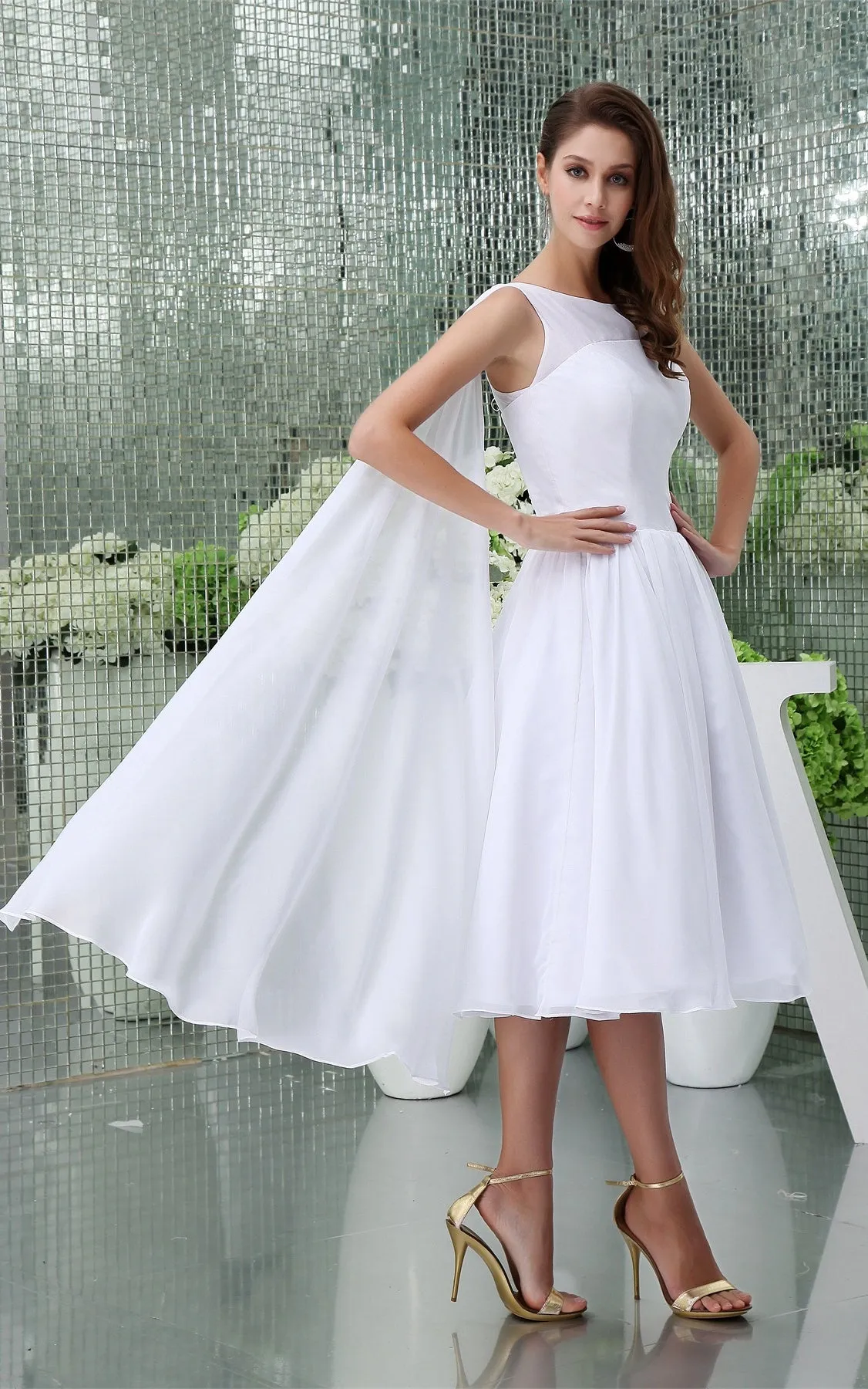 Sleeveless A-Line Tea-Length Chiffon Dress With Pleats-GC_706548