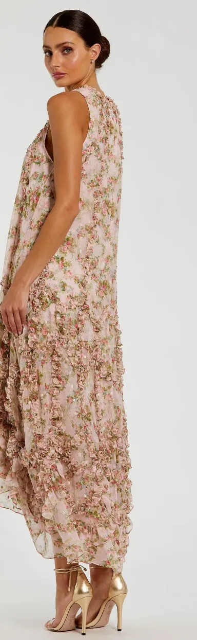 Sleeveless Floral Print Chiffon Micro Ruffle Gown