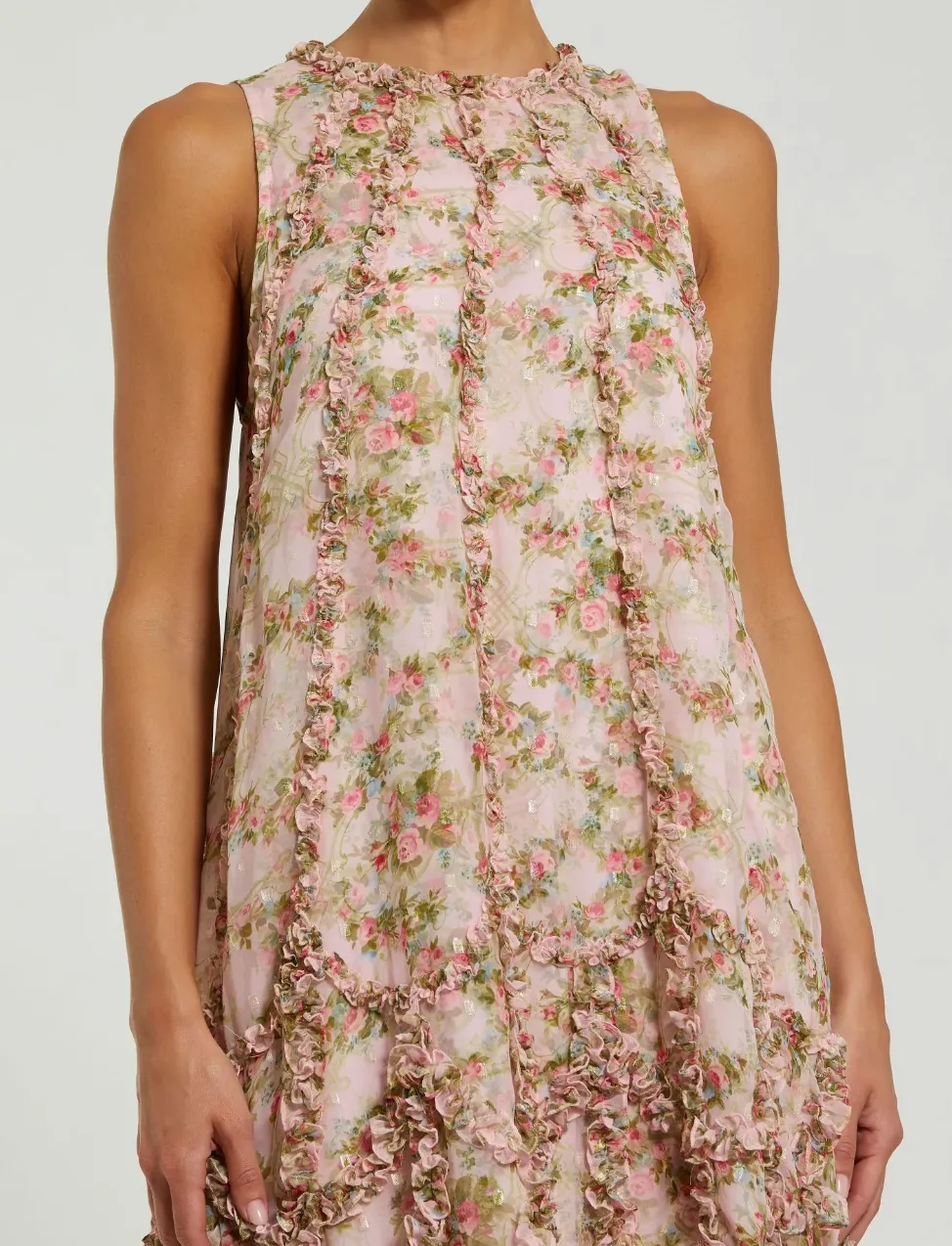 Sleeveless Floral Print Chiffon Micro Ruffle Gown
