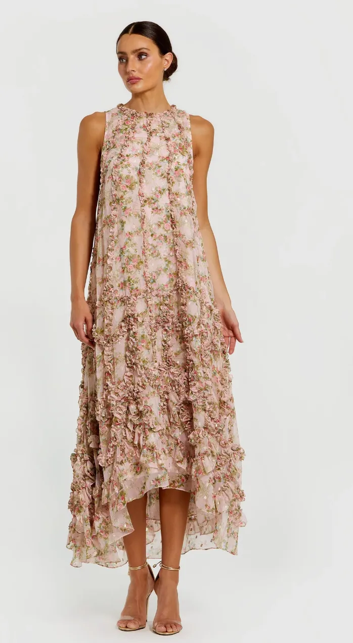 Sleeveless Floral Print Chiffon Micro Ruffle Gown