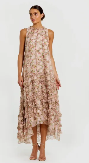 Sleeveless Floral Print Chiffon Micro Ruffle Gown
