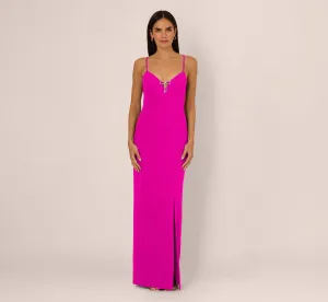 Sleeveless Knit Crepe Rhinestone Bow Column Gown In Pink Flame