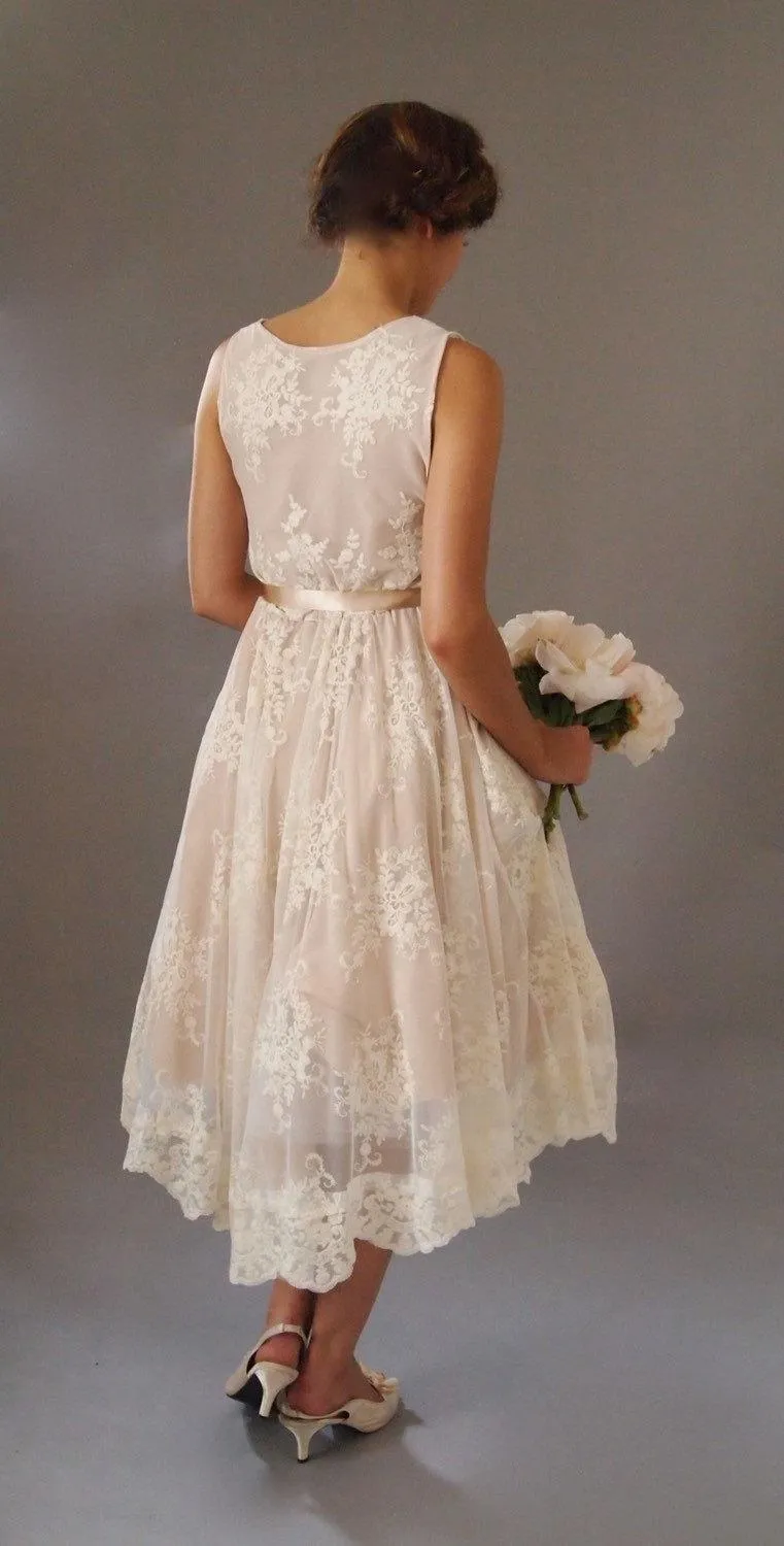 Sleeveless Scoop Neck A-Line Lace Tea Length Dress With Satin Bow Sash-ET_711635