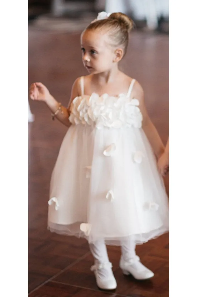 Sleeveless Tulle Handmade Flowers Applique Spaghetti Strap Flower Girl Dresses OHR033