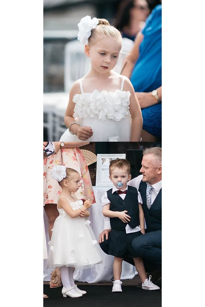 Sleeveless Tulle Handmade Flowers Applique Spaghetti Strap Flower Girl Dresses OHR033