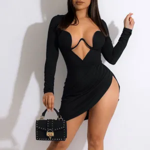 Solid Long Sleeve Irregular Bodycon Dress